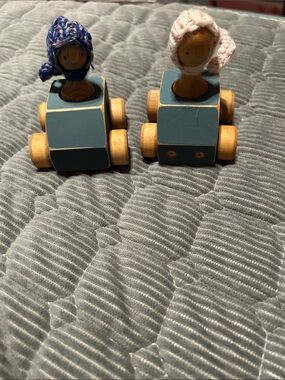 Wooden Blue Toy Cars with Peg Dolls - Set of 2